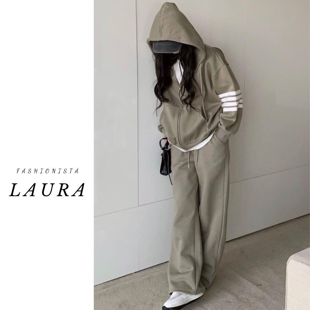 Set áo khoác nỉ  có khóa sọc tay dáng rộng kèm quần nỉ jogger Laura Boutique | BigBuy360 - bigbuy360.vn