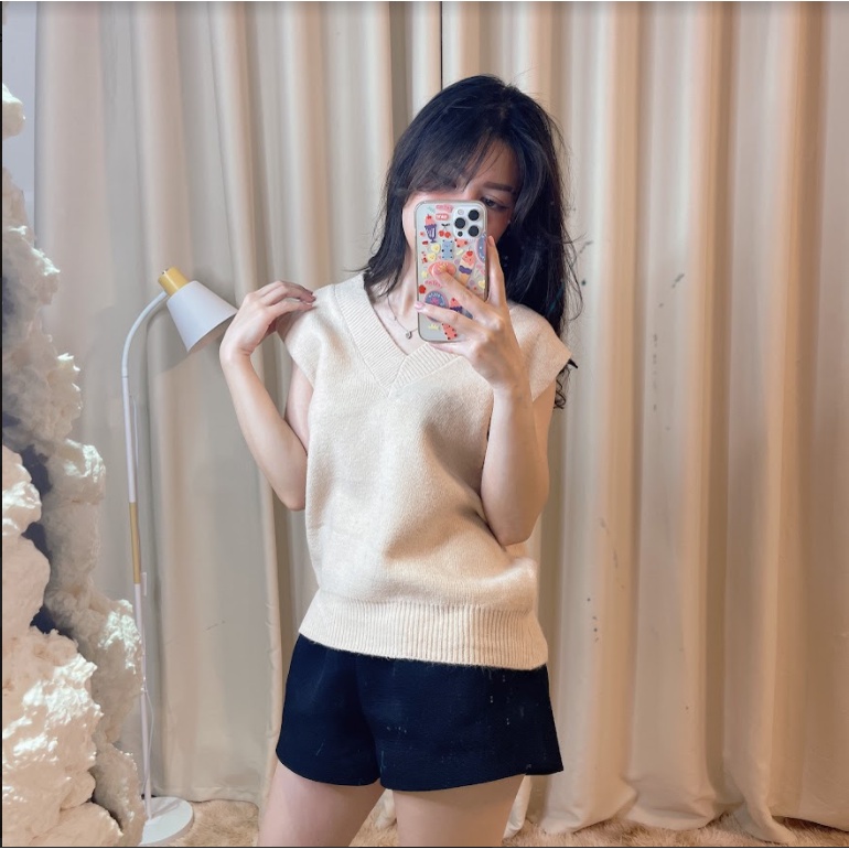 Áo len nữ sát nách, áo len cổ chữ V màu trơn 2 màu kèm video ảnh thật
