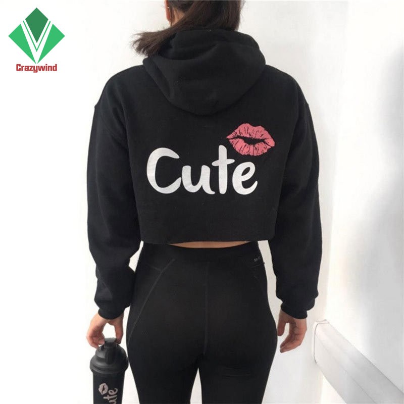 Áo Hoodie Lửng Dài Tay In Họa Tiết Đôi Môi Quyến Rũ Dành Cho Nữ