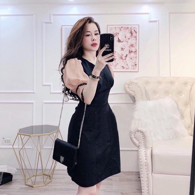 Đầm đen phối tay nâu | BigBuy360 - bigbuy360.vn