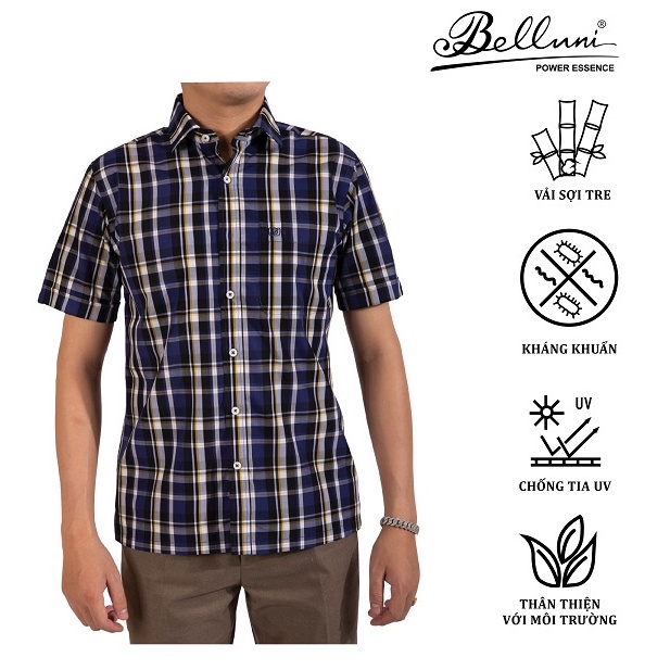 Áo sơ mi nam ngắn tay BELLUNI chất Bamboo sọc caro tối - ABN.BP.BE.196.B2.