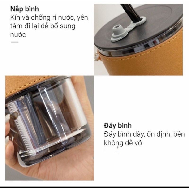 Cốc thủy tinh màu hổ phách bọc da có nắp đậy (Tặng kèm  ống hút)