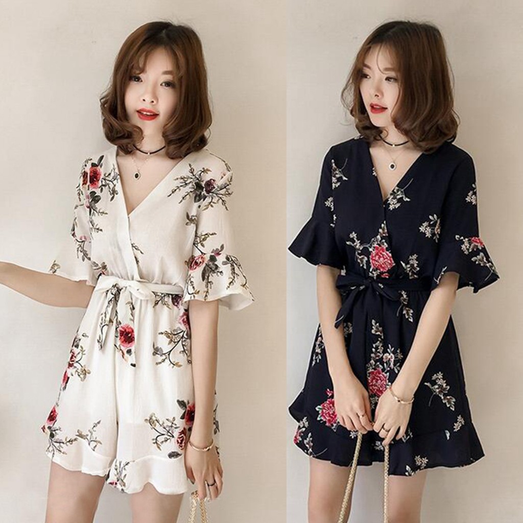 Jumpsuit ống rộng họa tiết hoa thắt eo thời trang cho nữ