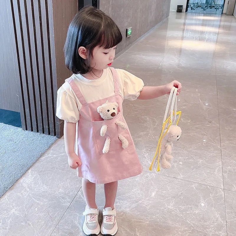 Bộ Áo Thun In Hình Gấu Kèm Váy Yếm Dễ Thương Thời Trang Mùa Hè Cho Bé Gái