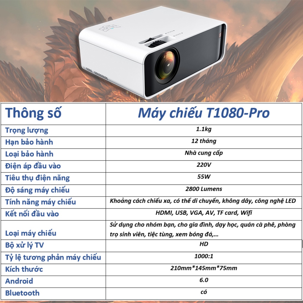 Máy chiếu Mini KhủngLongXanh T1080pro hỗ trợ HD+,tích hợp hệ điều hành Android, knối với đthoai & laptop kh dây & có dây