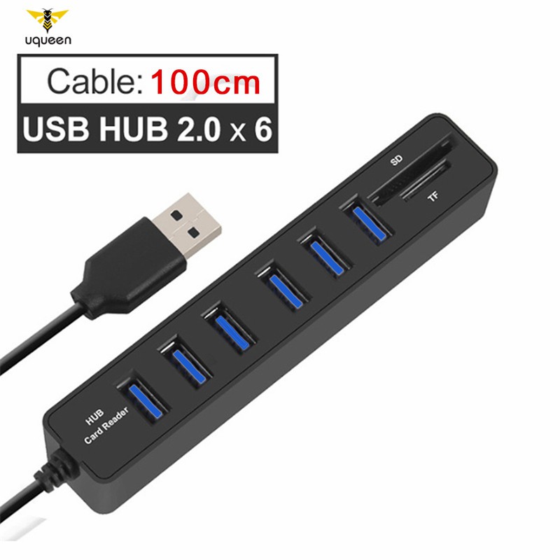 UQ Multi USB Hub USB 2.0 Splitter High Speed 6 Ports Hab TF SD Card Reader All in One for PC