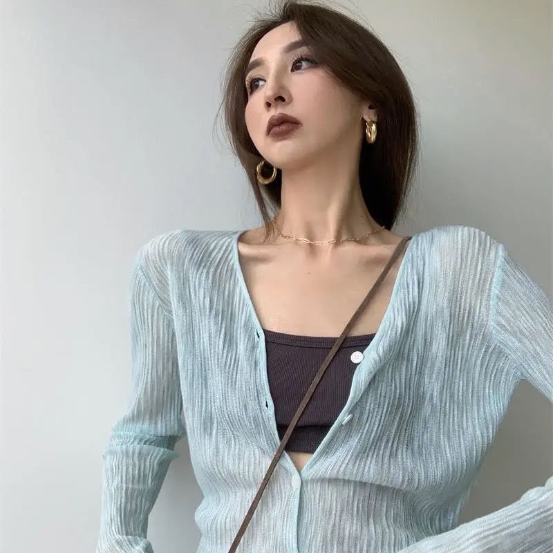 Áo Khoác Cardigan Tay Dài Cổ Chữ V Vải Lụa Mát Thời Trang Thanh Lịch Cho Nữ
