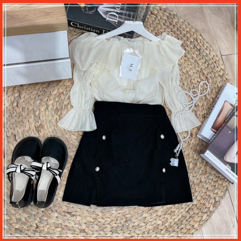 [ FreeShip ] Set áo tơ trễ vai chân váy cúc ngọc tiểu thư kèm ảnh thật + video thật Mã SS006 | BigBuy360 - bigbuy360.vn