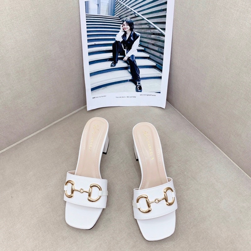 Dép cao gót nữ,Guốc nữ quai xích vàng đế vuông 5cm