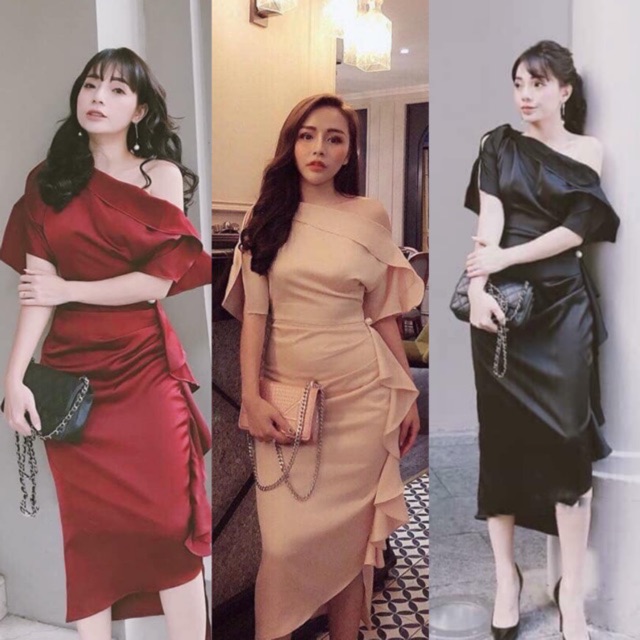Đầm lệch vai bèo phi lụa