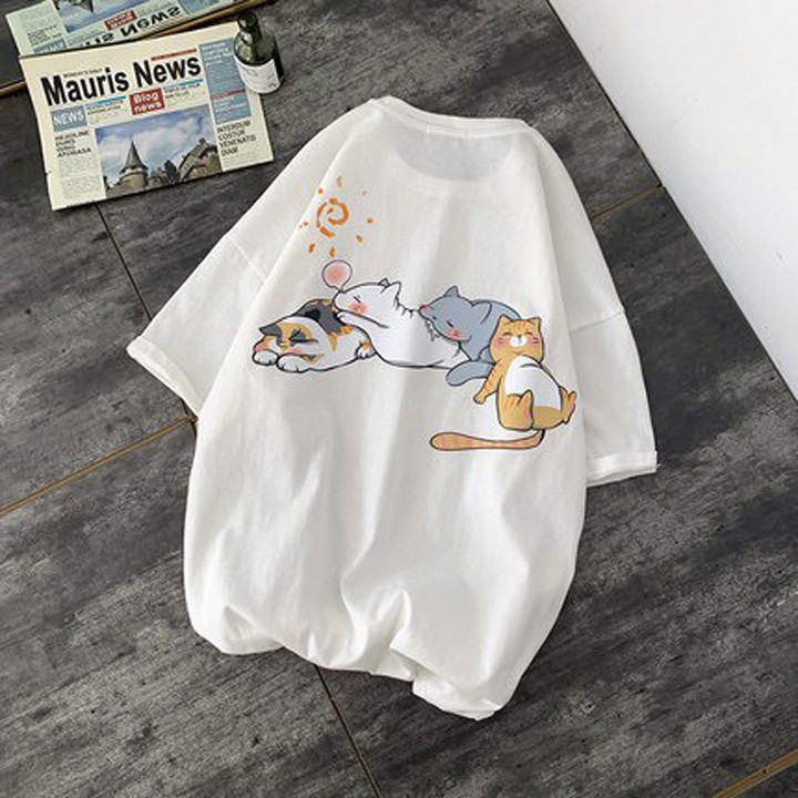 Áo Thun Nữ Unisex Màu Trắng In 4 Con Mèo DLX