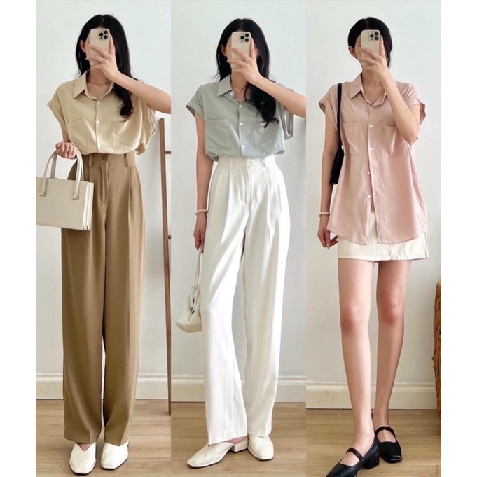 [Ảnh thật/Video]Áo sơ mi sát nách hai túi trước nhiều màu chất lụa hàn sang chảnh Áo sơ mi Quảng Châu