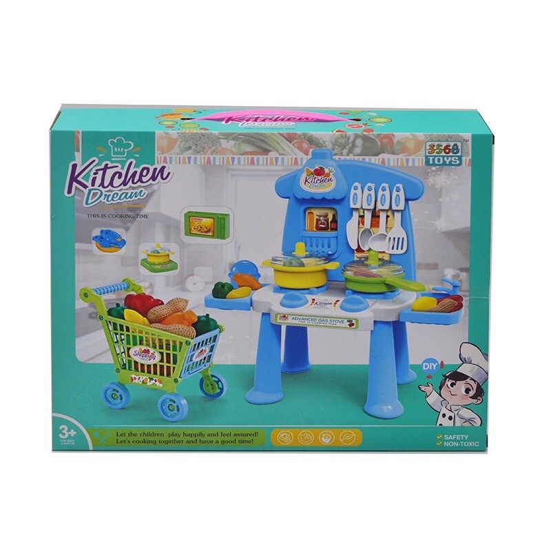 Bộ đô chơi nấu ăn cho bé gái trai nhập vai làm đầu bêp, kèm theo xe đẩy siêu thị