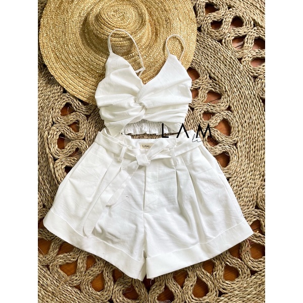 Set croptop xoắn + quần short Linen