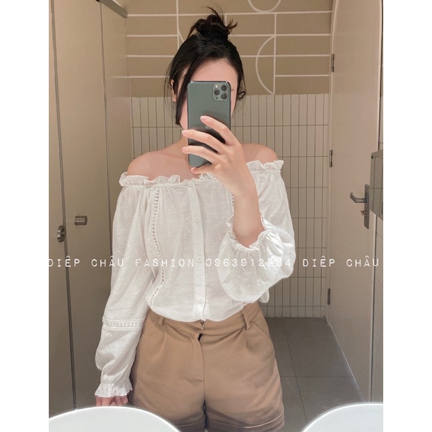 Áo Sơ Mi Trắng Cổ Tròn Bèo Tay Phồng Tiểu Thư Hàn Quốc Thời Trang Bo Chun - Babydoll