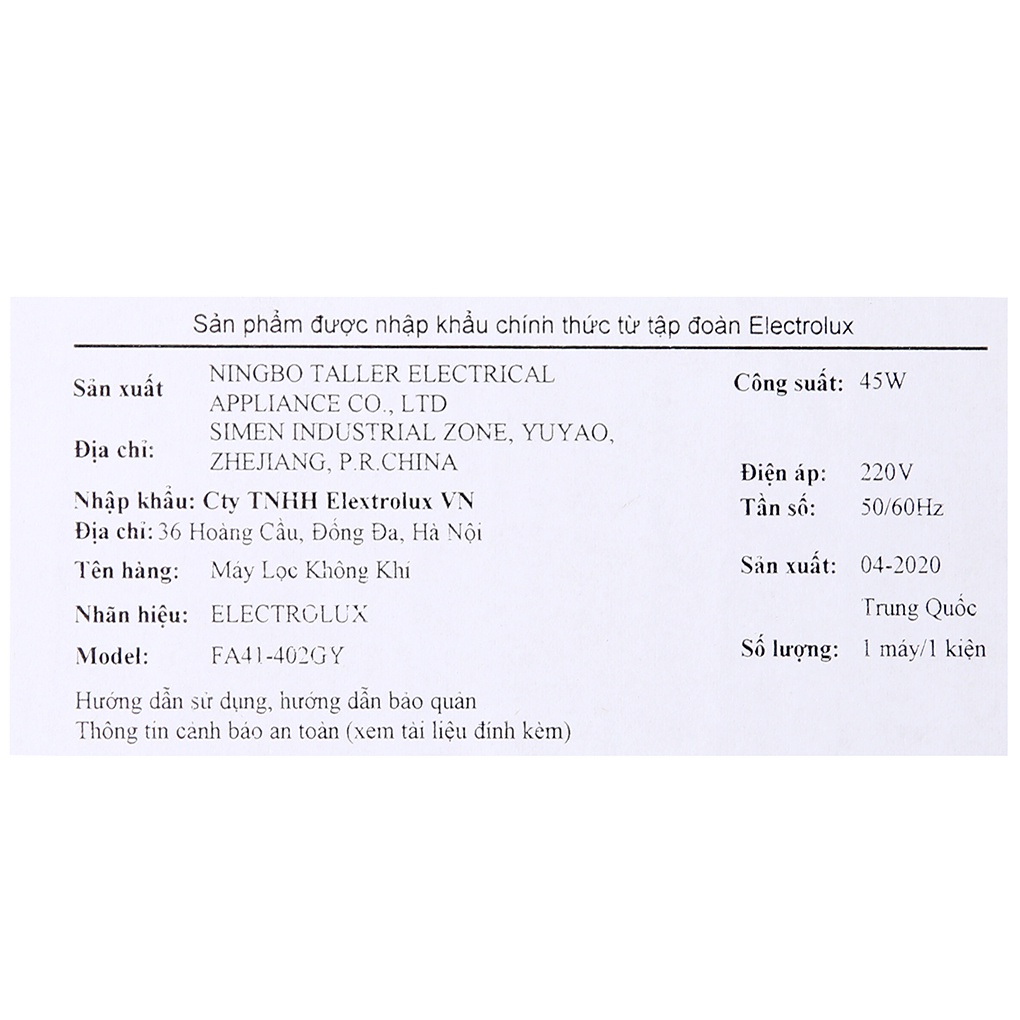 [Mã ELHA10 giảm 6% đơn 5TR] Máy lọc không khí Electrolux FA41-402GY