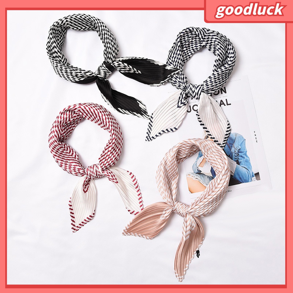 [GOLUK] Khăn Quàng Cổ Lụa Satin Vuông Xếp Ly In Họa Tiết Sọc Thời Trang Cho Nữ