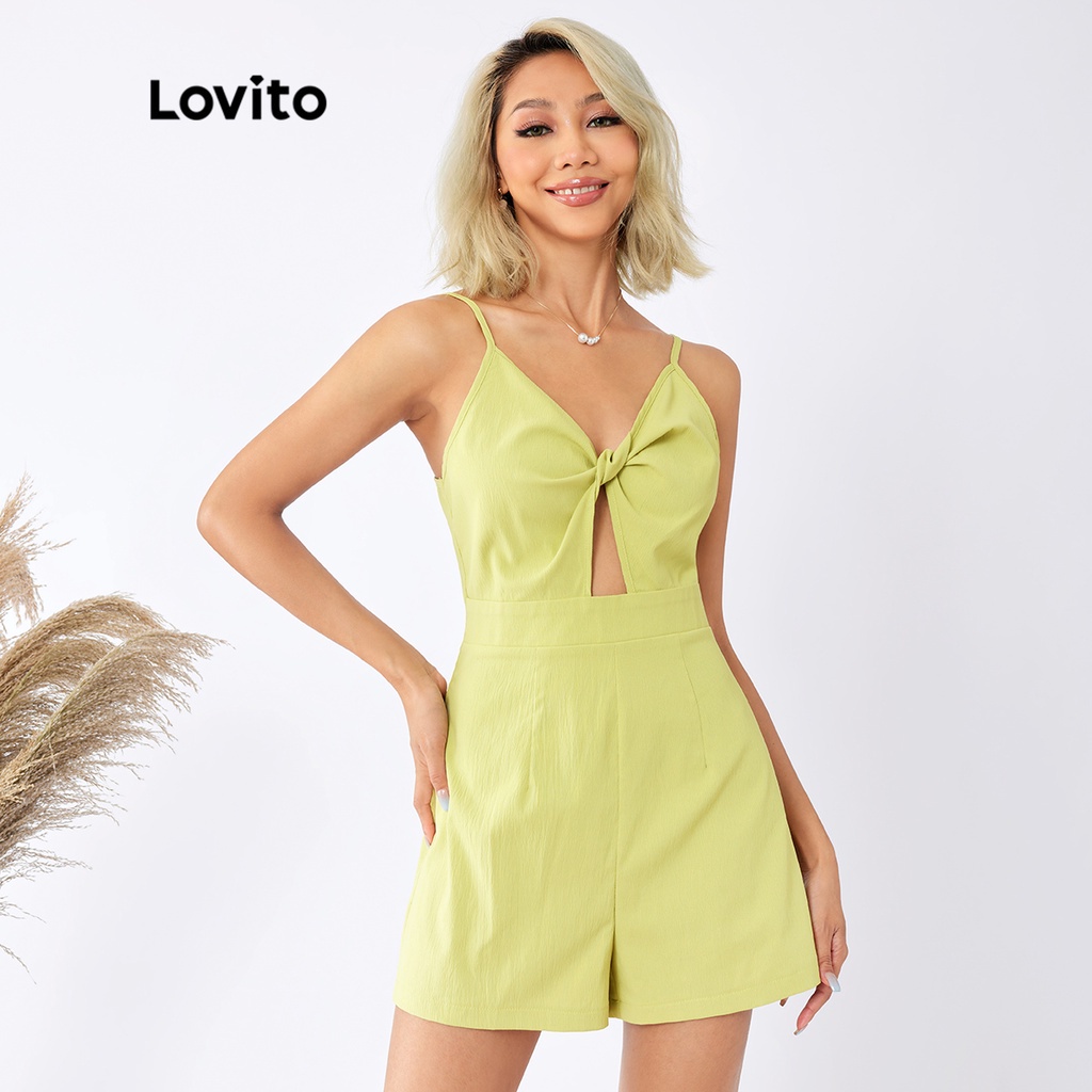 Lovito Boho Plain Knot Cut Out Jumpsuit L22Ed092 (Honeydew)