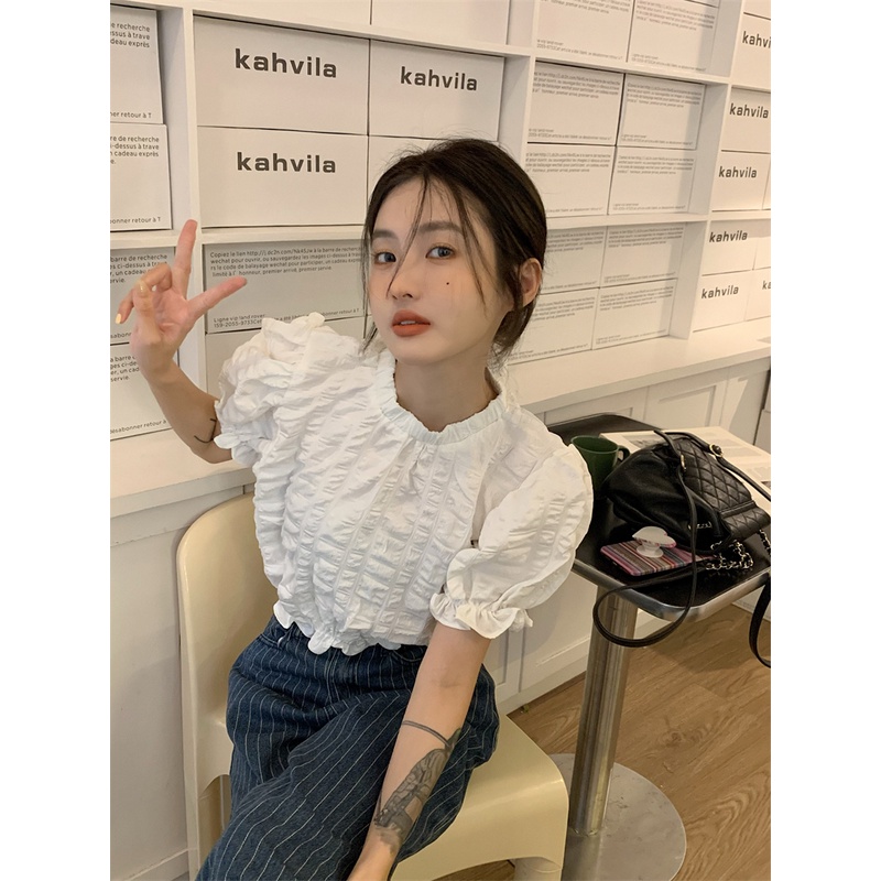 Áo Kiểu Tay Phồng Ngắn Dáng Ôm Thời Trang Pháp Xinh Xắn Cho Nữ