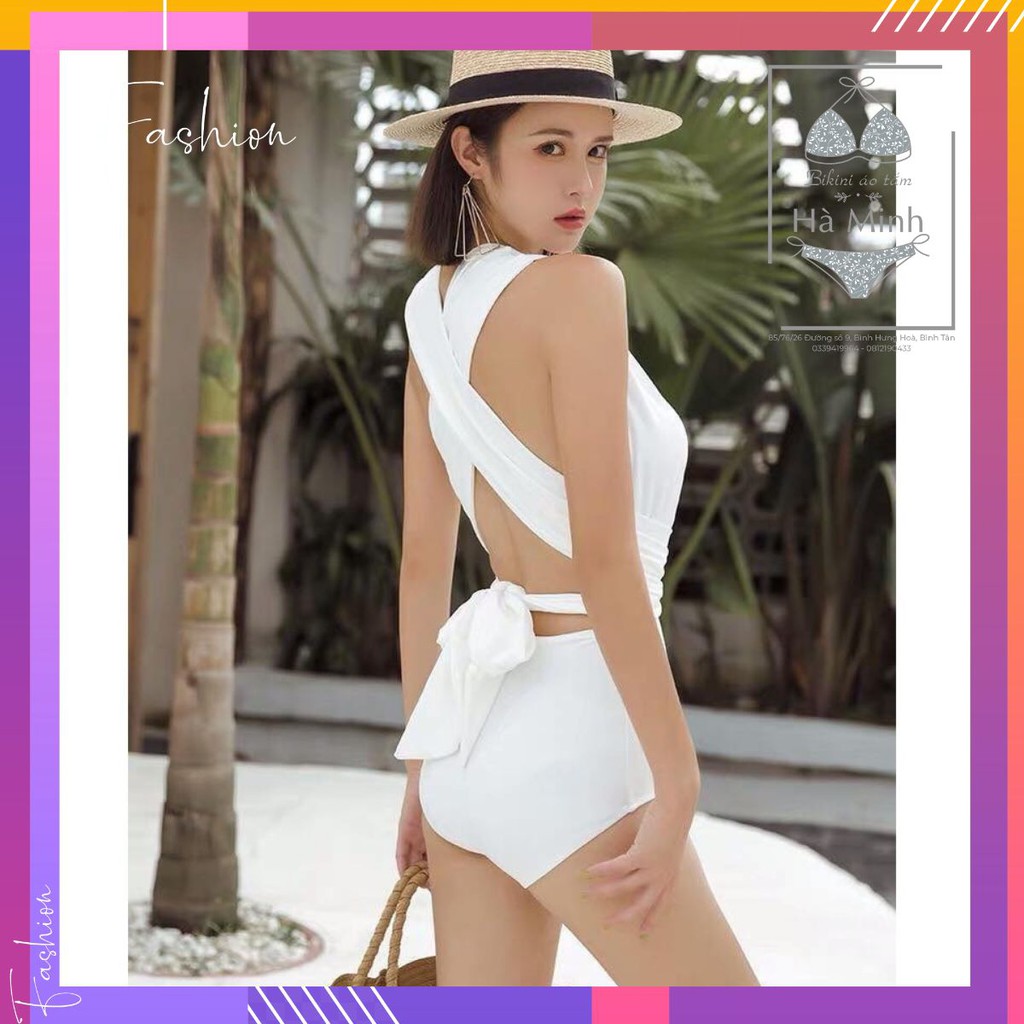 [Xưởng May Bikini Hà Minh] Bikini liền thân hai mảnh hở ngực, nơ dài buộc eo quyến rũ - Eva Shop
