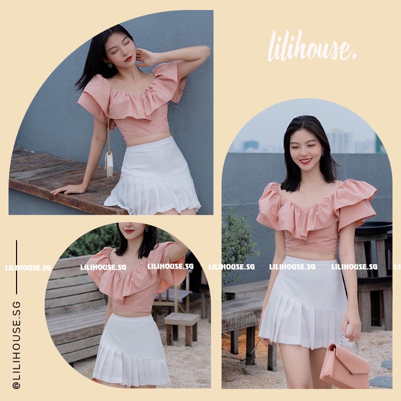 Set Áo Croptop Bèo Ngực 1 Tầng Phối Chân Váy Ngắn Xếp Li - Áo nữ thiết kế dạo phố ôm dáng sang trọng Màu Hồng Pastel