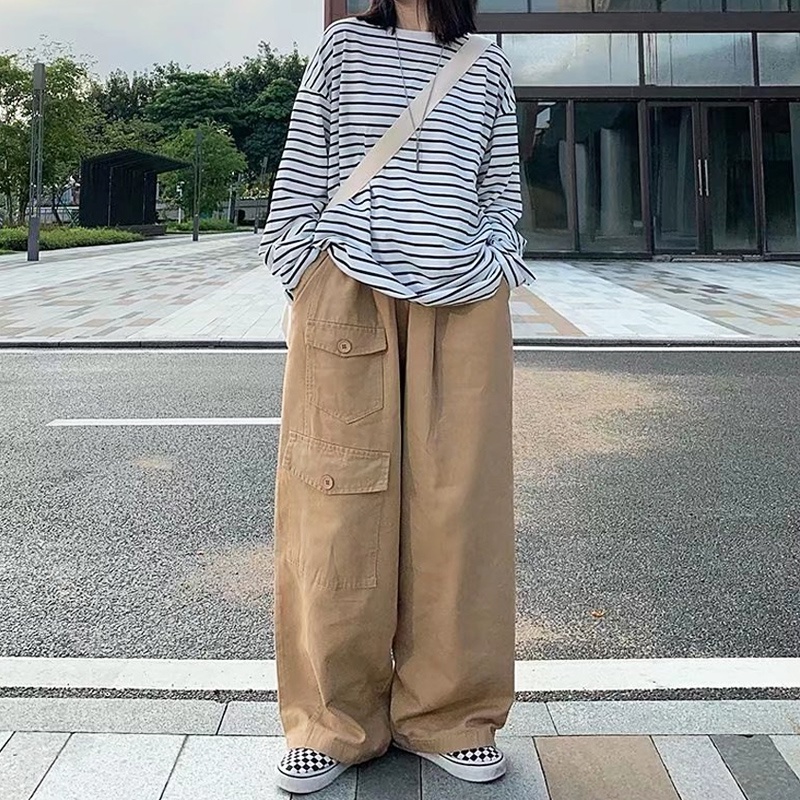 Quần Kaki Nam Ống Rộng Phong Cách Vintage Nhật Bản Thời Trang Cho Unisex Kiểu quần baggy nam ống rộng màu đen và be