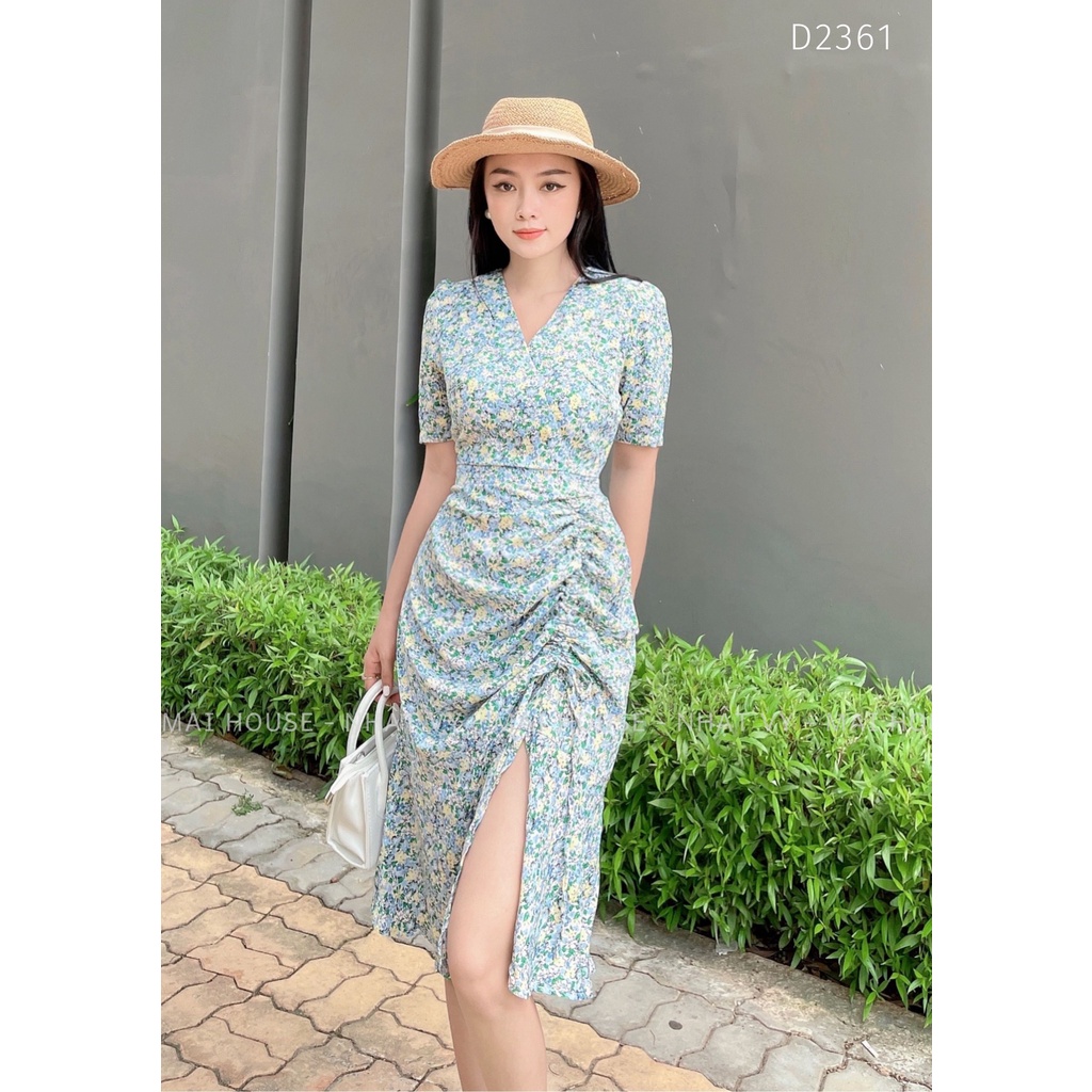 Đầm Hoa Đi Chơi NHẬT VY Cổ V Dây Rút Nhún Eo Chất Mango Màu Xanh, Đen - D2361