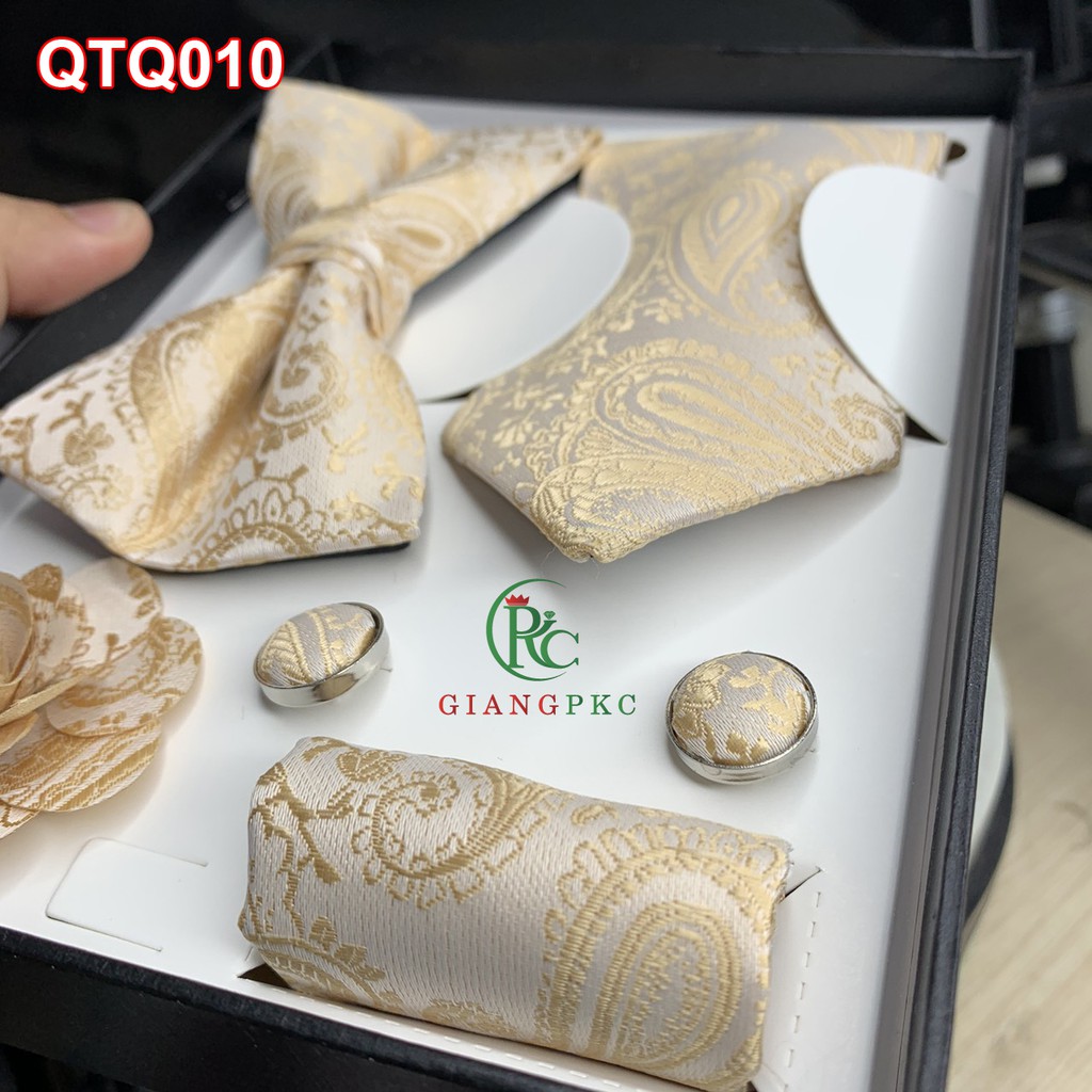 Set cà vạt họa tiết + măng séc + khăn cài áo sang trọng + nơ  họa tiết gấm nổi  Giangpkc qtp007