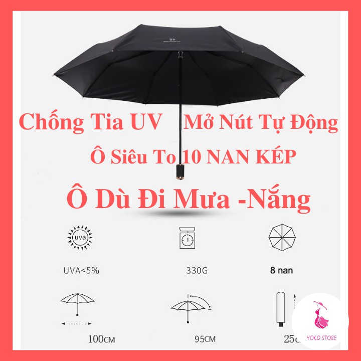 Ô Dù Đi Mưa Mở Nút Tự Động Thiết Kế 10 Nan Kép Bằng Thép 304 Chống Gỉ Chắc Chắn Và Bền Đẹp trong phụ kiện thời trang