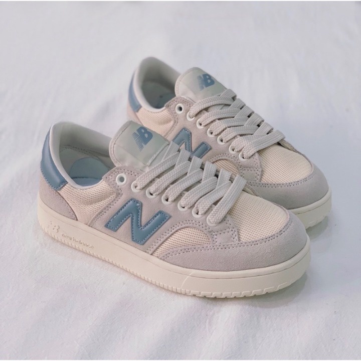 Giay NB 300 màu lông chuột chữ xanh dương mới đế bằng cho nam nữ thiết kế đơn giản full bill box