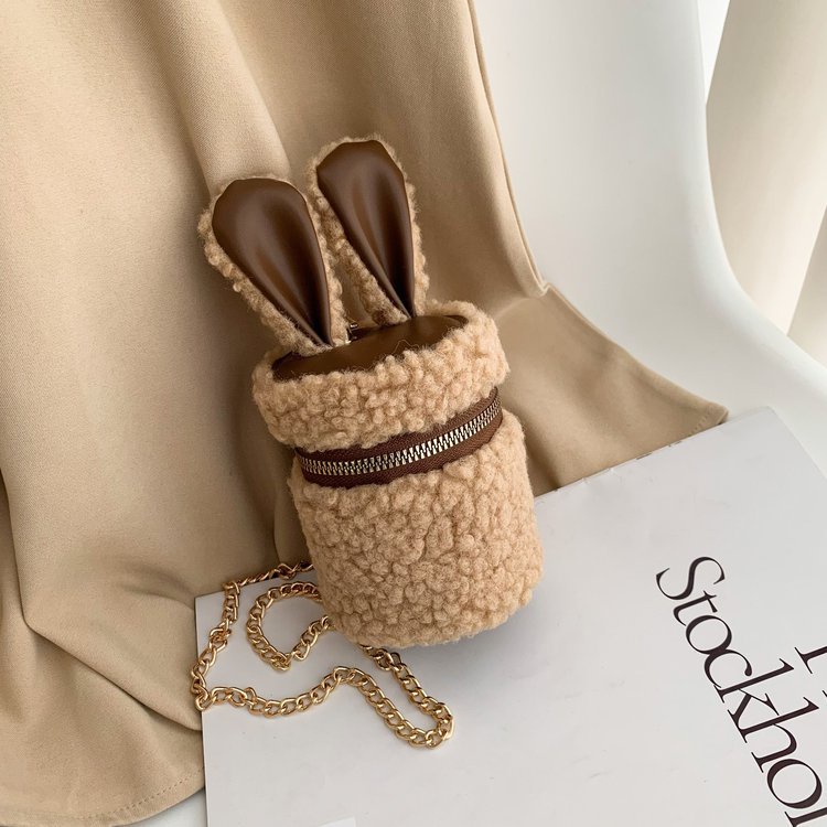 Túi Đeo Chéo Lông Cừu Mini Hình Trụ Đính Tai Thỏ Thời Trang Cho Nữ