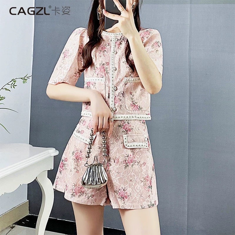 SET ÁO HOA HỒNG VIỀN HẠT + QUẦN SHORT VIỀN