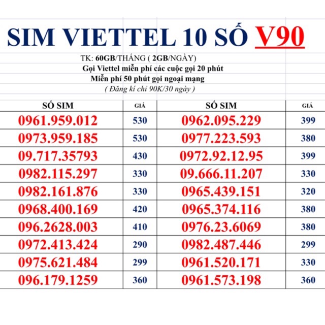 Sim Viettel V90 ( bảng 1 ). Sim số đẹp, dễ nhớ. Tặng 1 nhẫn Iring dán điện thoại