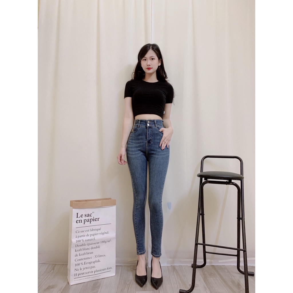 Quần Jean nữ Lưng cao thêu cạp, quần bò nữ skinny có túi vải Jean mềm, co dãn.