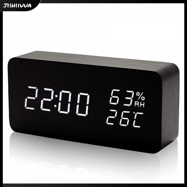 Đồng Hồ Báo Thức Điện Tử Mini Bằng Gỗ Có Đèn Led Và Nhiệt Kế