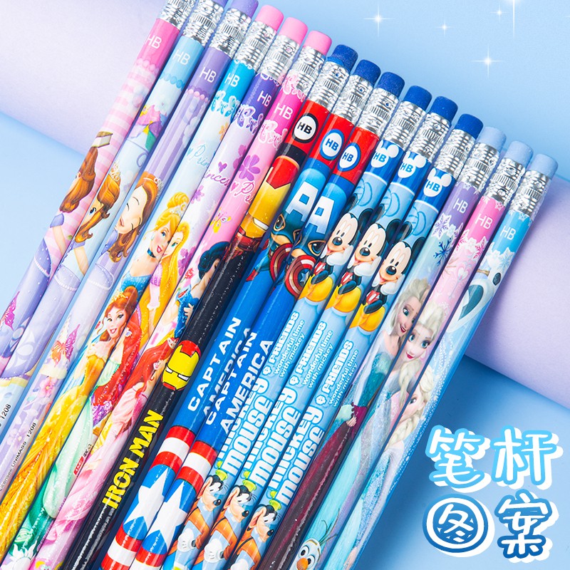 DISNEY Set 30 cây bút chì, hộp bút chì gỗ in hoạt hình, cây viết chì HB có tẩy cho bé