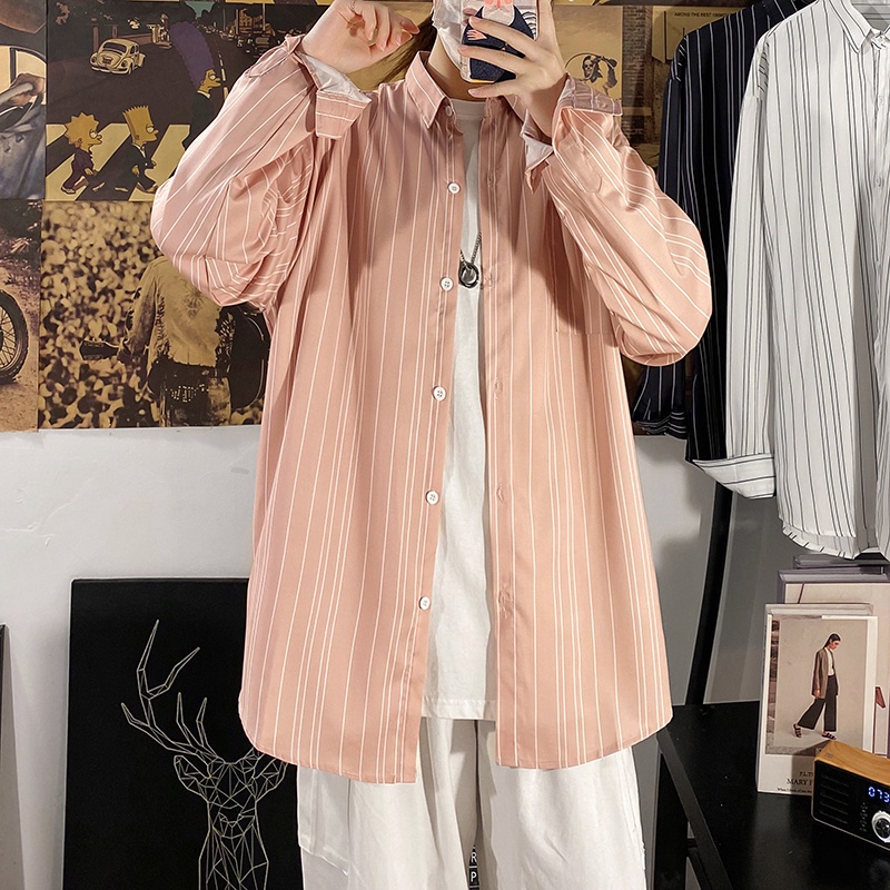 Áo sơ mi cổ đứng tay dài dáng rộng kẻ sọc thoáng khí chống nhăn chất lượng cao cho nam