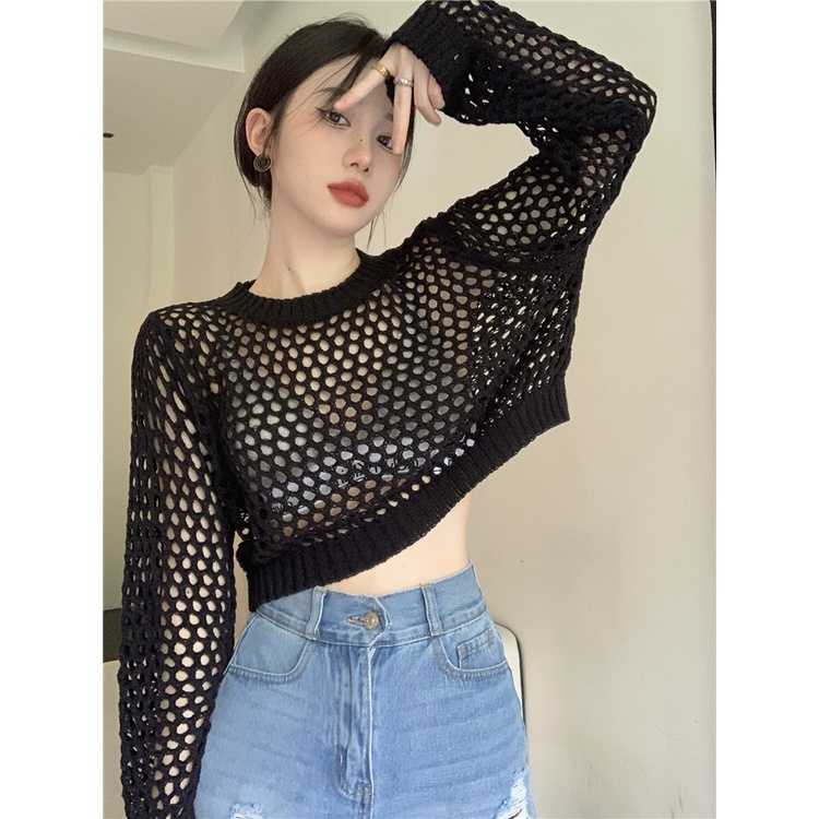 Porozi Áo dệt kim mỏng  dáng ngắn tay dài thời trang Hàn Quốc nhiều màu tùy chọn cho nữ