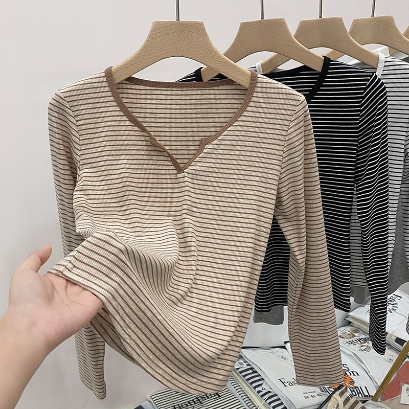 Áo Thun Kẻ Sọc Cổ Chữ v Phong Cách Hàn Quốc Thời Trang Mùa Thu Dành Cho Nữ 54921