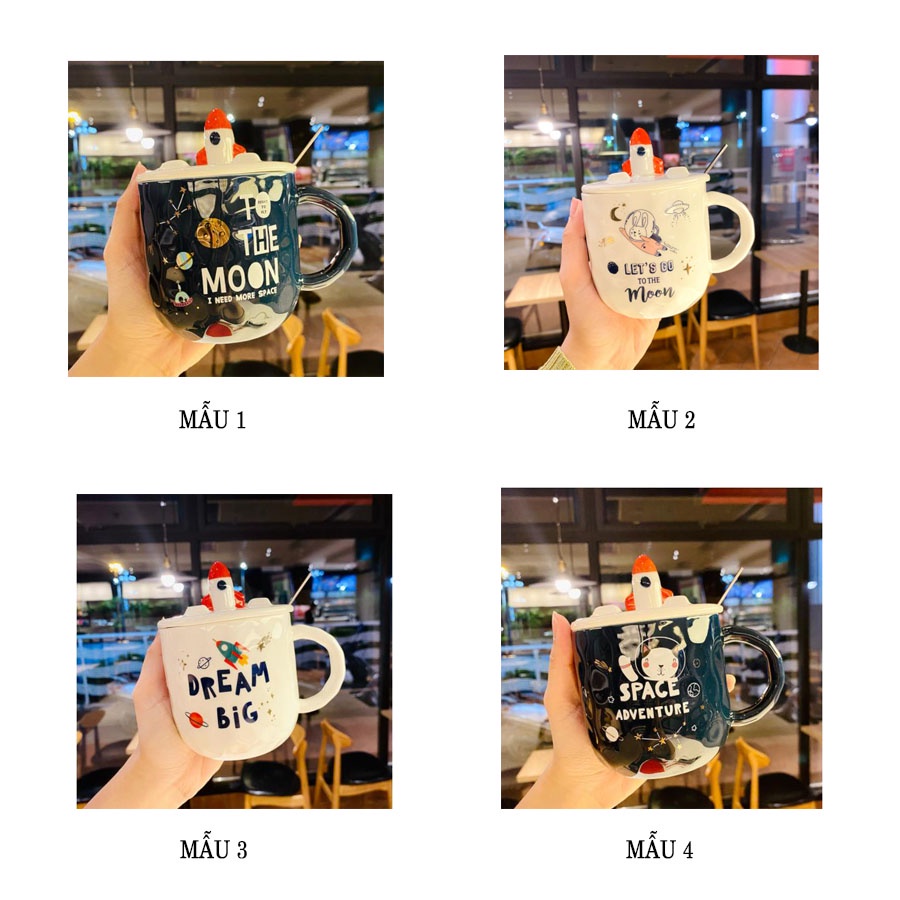 Cốc ly sứ dễ thương có nắp dùng làm kệ điện thoại dung tích 400ml tiện lợi tặng kèm thìa dùng để pha trà pha cafe- Ráp