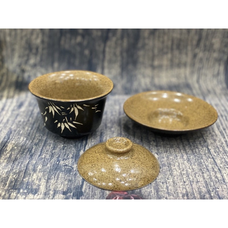 Bát trà sâm chén uống trà kiểu Trung Hoa gốm sứ Bát Tràng men gốm khắc lá trúc