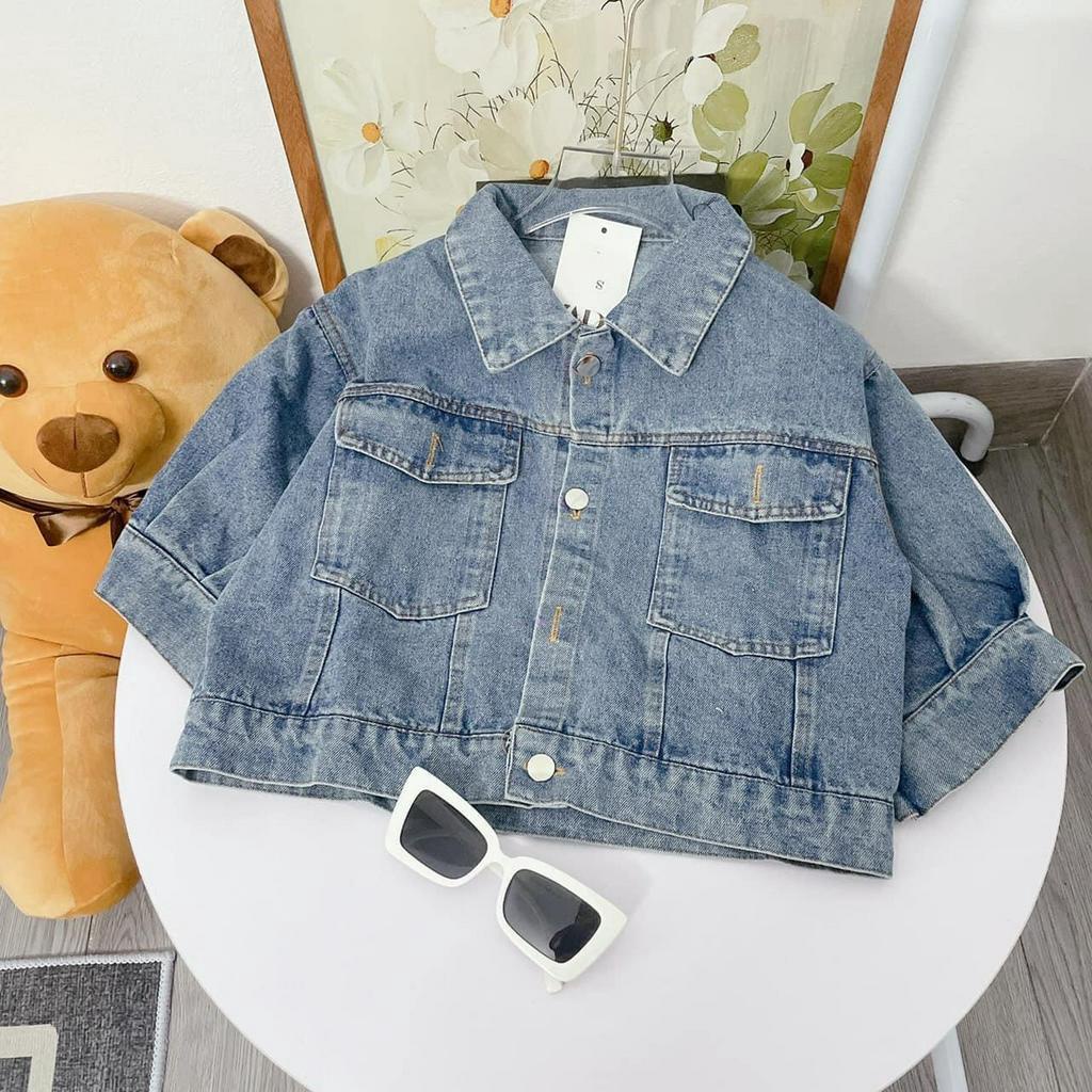 Áo khoác bò nữ croptop tay bồng cổ đức, áo jean nữ dáng ngắn trơn màu xanh đi chơi đi học phong cách ulzzang hàn quốc
