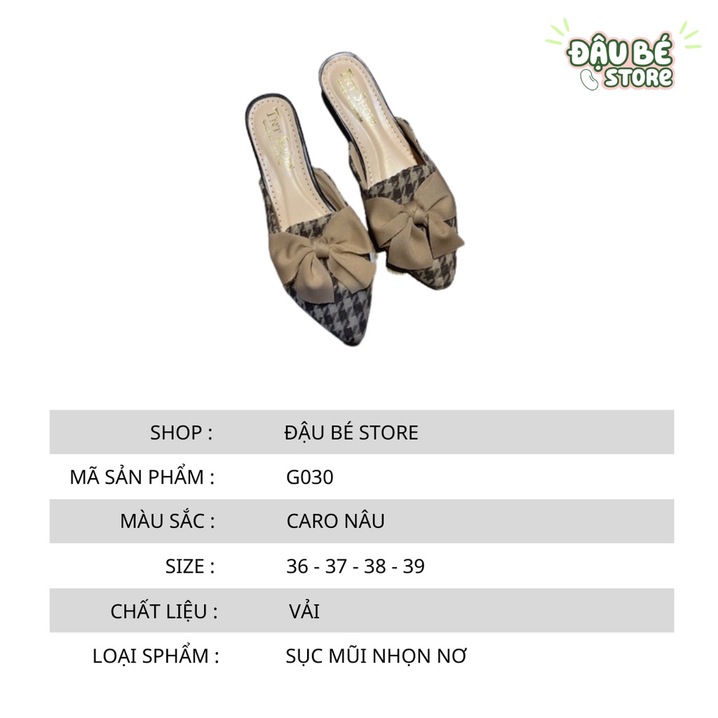 Giày Sục Nơ Caro Nâu Mũi Nhọn Thời Trang Cá Tính Nữ - Dép Sục Nữ Đế Bệt Sang Chảnh Chống Trơn Trượt - Daube - G030