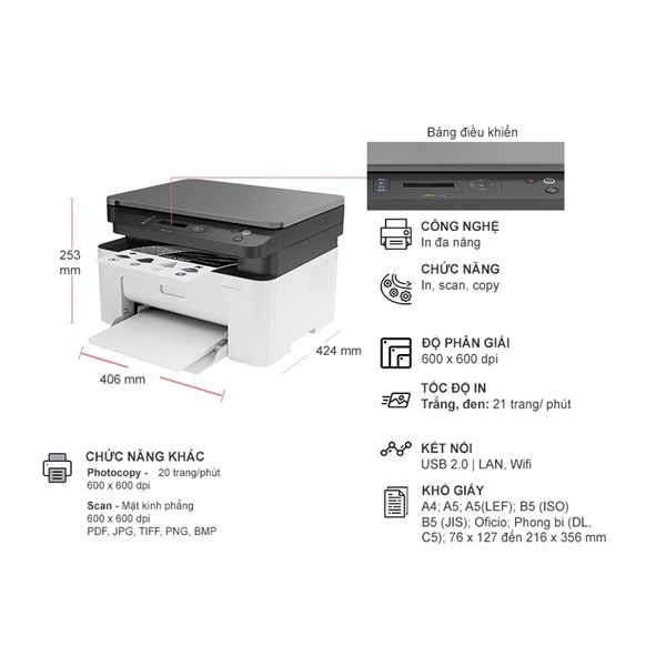 Máy in laser đen trắng đa chức năng HP 135W - 4ZB83A (In, copy, scan, wifi) - Bảo hành chính hãng 12 tháng