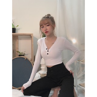 Áo cổ tim nút tay dài