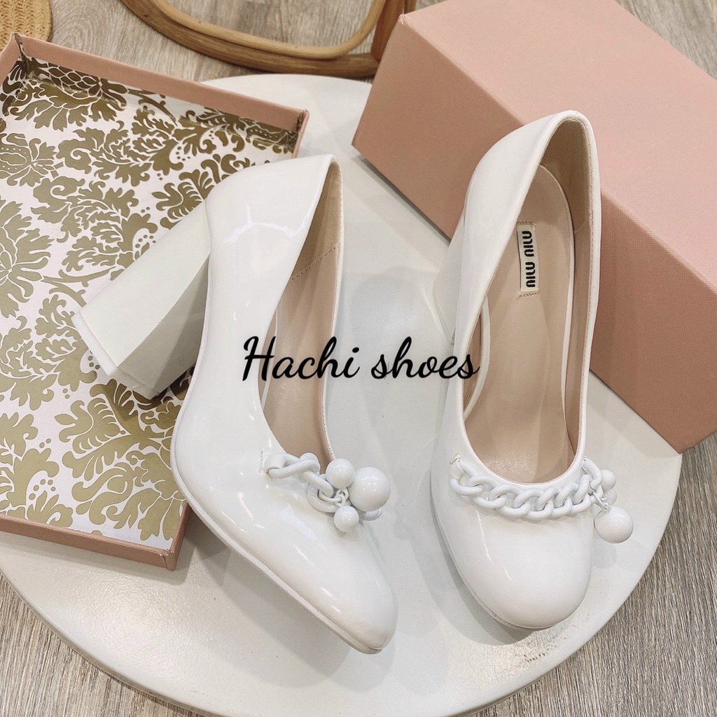 Giày cao gót trắng miumiu gót vuông cao 9cm mẫu hót fullbõx MX2021