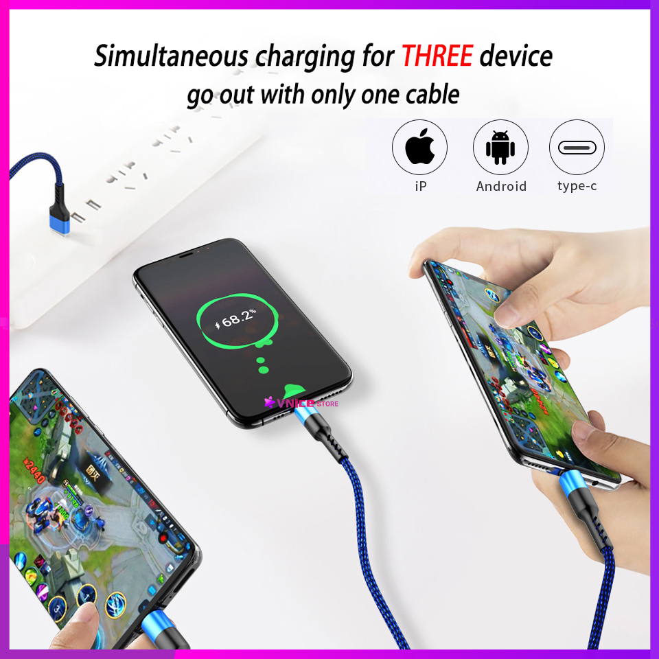 Dây cáp sạc nhanh 5A 3 trong 1 nhiều cổng sạc cho iPhone lightning Micro USB OPPO Type-C HUAWEI đa năng