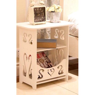 Bàn gỗ để đầu giường họa tiết thiên nga thiết kế 2 tầng đựng sách báo