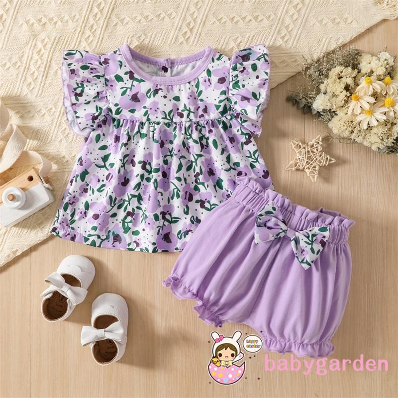 Set Áo Cổ Tròn Tay Cánh Tiên + Quần Short In Họa Tiết Hoa Thời Trang Cho Bé Gái 0-3 Tuổi