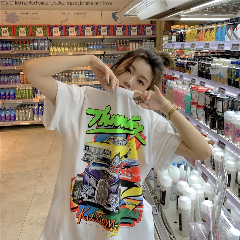 Áo thun tay ngắn cổ tròn dáng rộng in họa tiết phong cách vintage Hàn Quốc thời trang cho nữ 2 màu lựa chọn